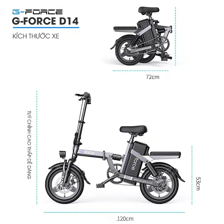 Xe đạp điện gấp gọn G-Force D14 phong cách thể thao, hợp kim nhôm cao cấp 16 Xe dap dien GForce D14 kich thuoc