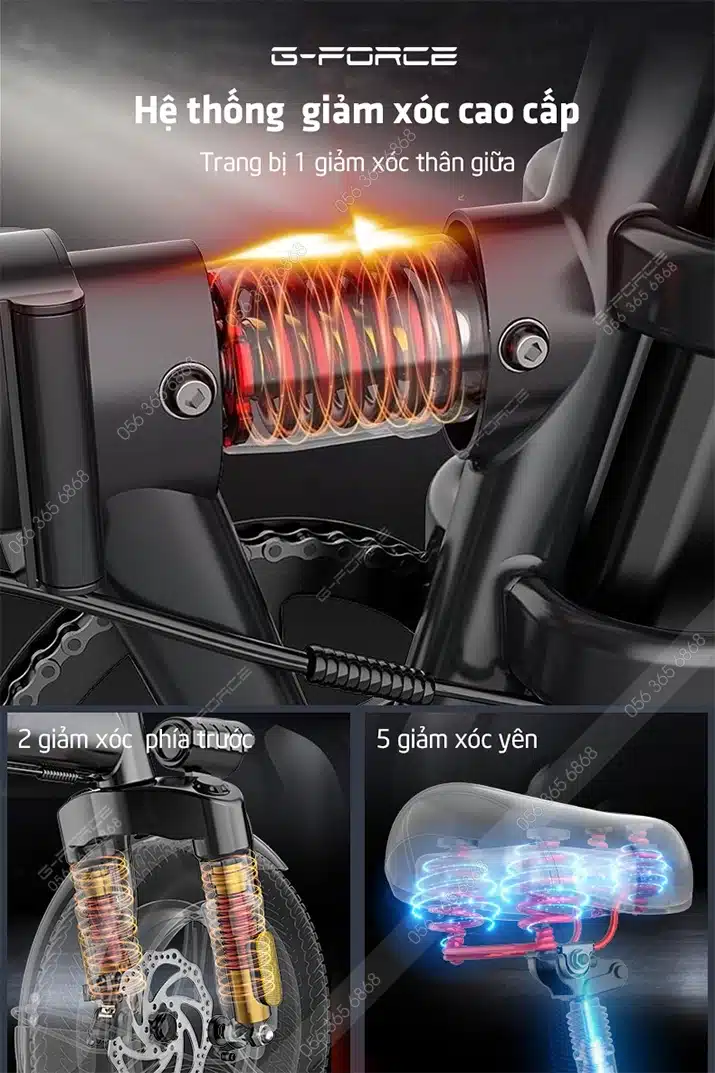 Xe đạp điện G-Force C14 Ultimate trang bị 12 giảm xóc, gấp gọn tiện lợi 3 Gforce.vn - Gforce C14 Ultimate - He Thong Giam Xoc 1