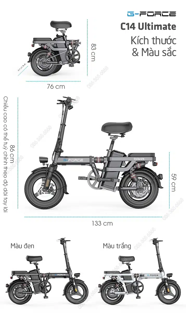 Xe đạp điện G-Force C14 Ultimate trang bị 12 giảm xóc, gấp gọn tiện lợi 17 Gforce.vn - Gforce C14 Ultimate - Kich Thuoc